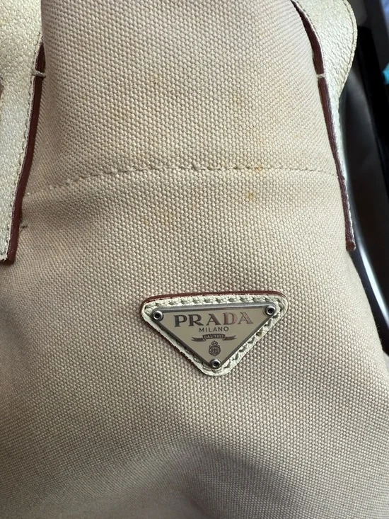 Prada Beige Canvas Shoulder Tote Bag Leather Corners and Handles - Picture 14 of 16